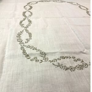 Vintage Large Oval Off-White Table Linen Petite Embroidered Green Floral Design